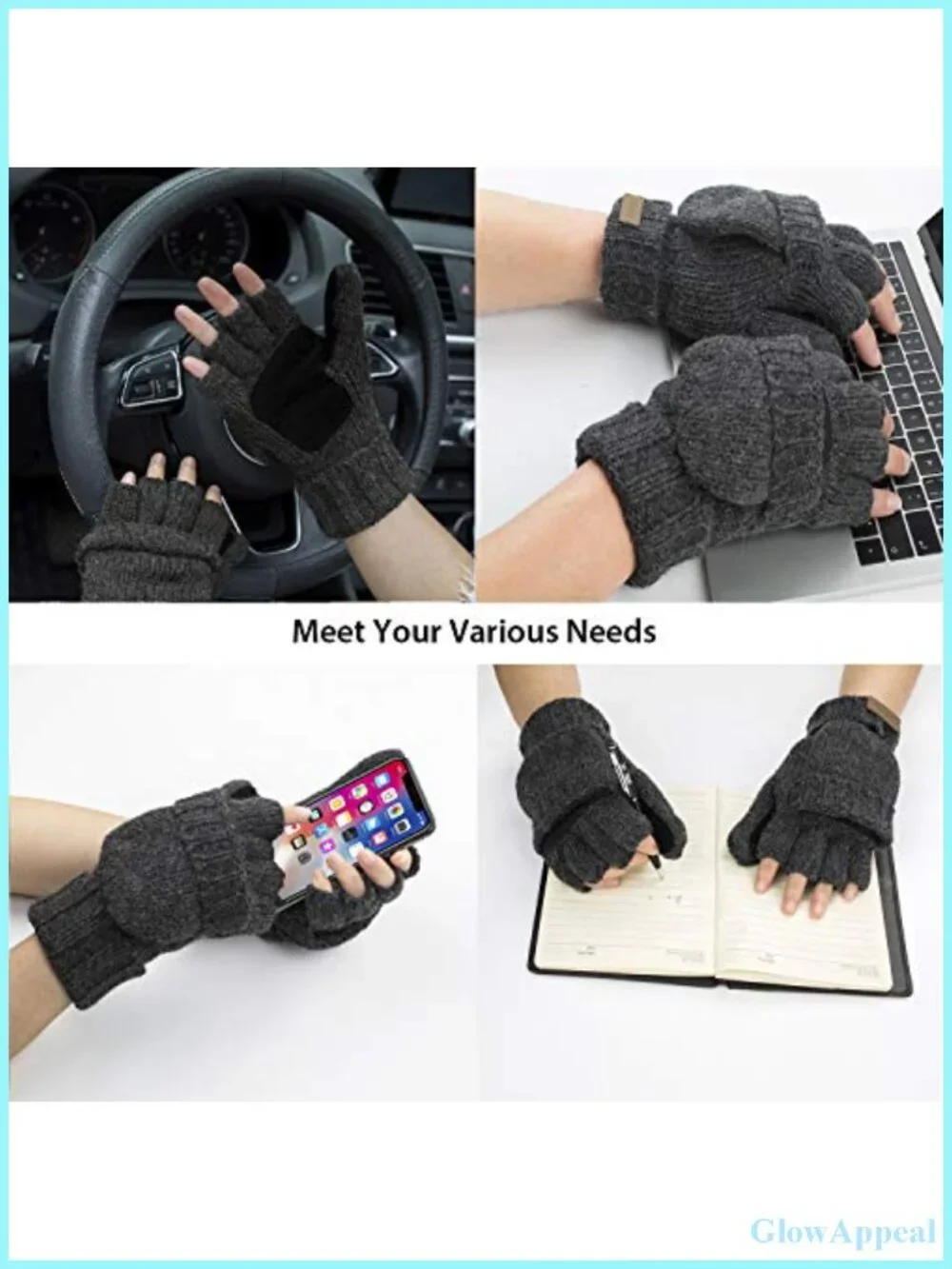 Wool Knit Convertible Fingerless Gloves Mittens with Flap